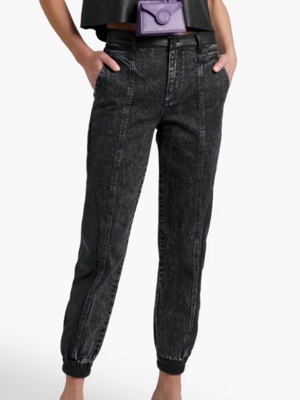 Alice + Olivia Jenny Faux Leather Trim Mid Rise Black Washed Jogger Jeans